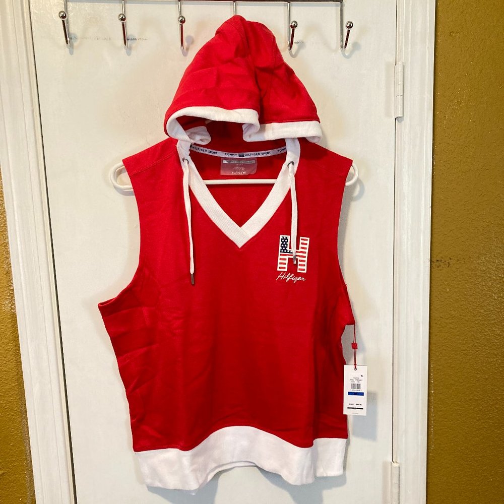 Tommy Hilfiger Sport women's size XL red & white trim sleeveless v-neck hoodie